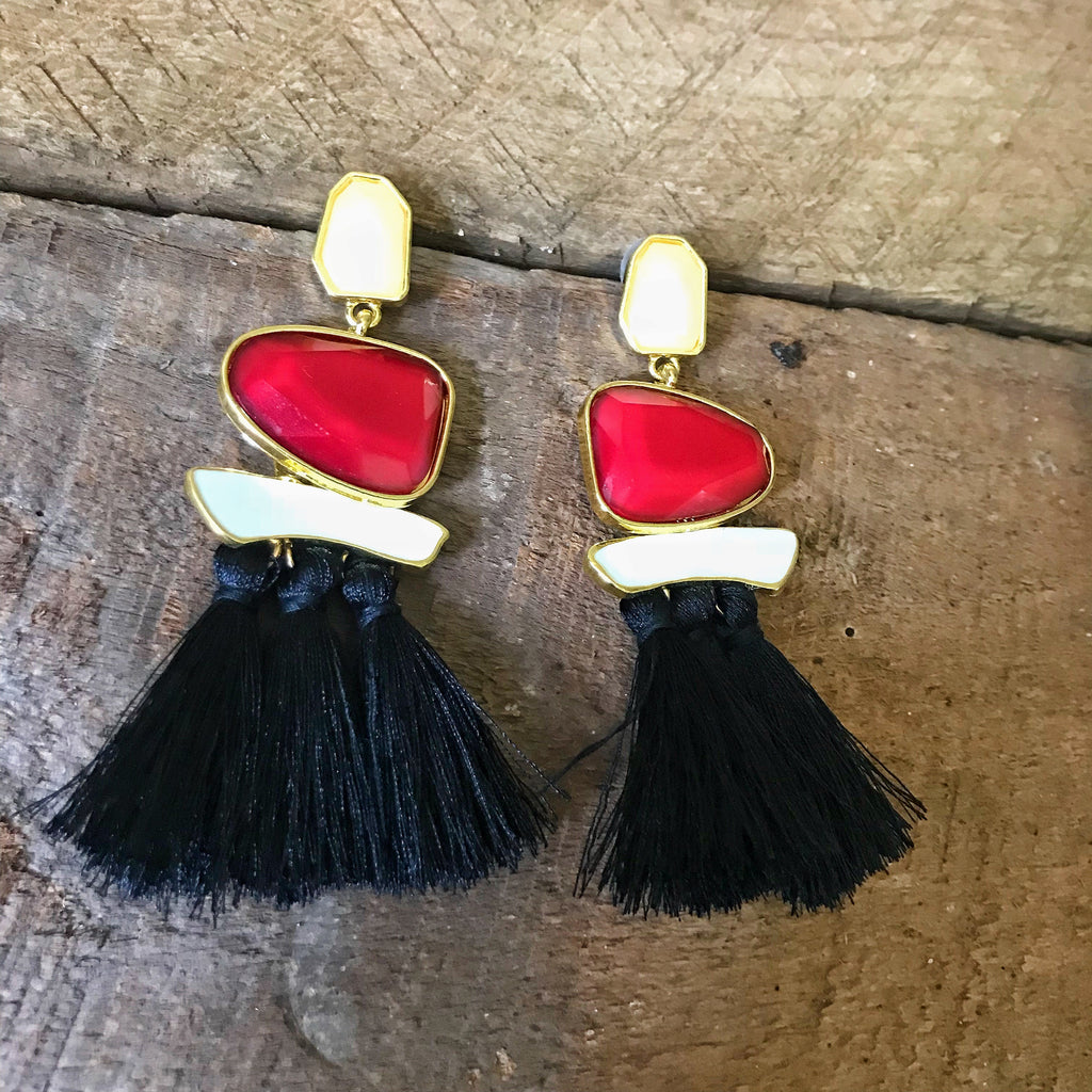 Gemstone and Black Tassel Earrings