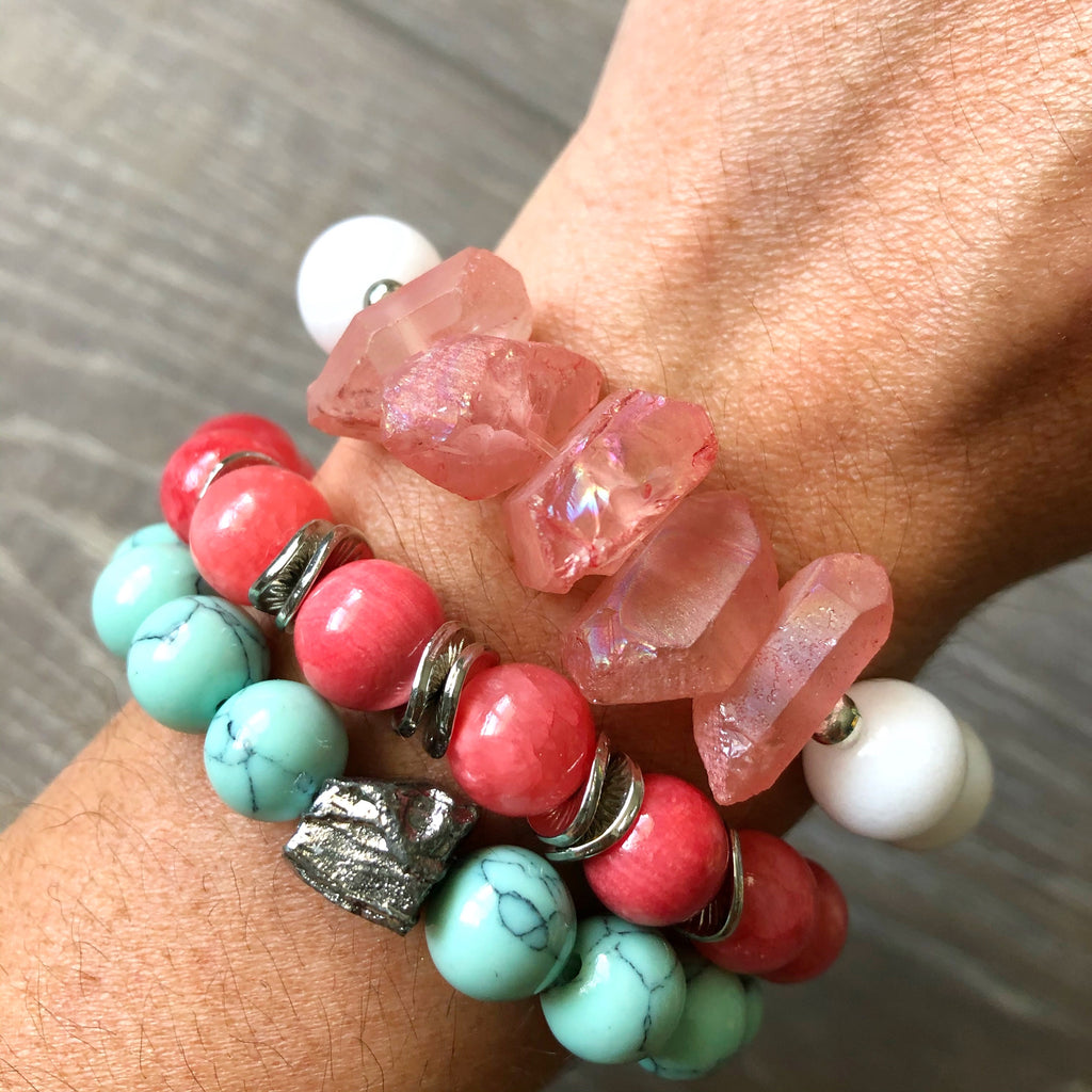 Mint and Coral Beaded Bracelet Stack